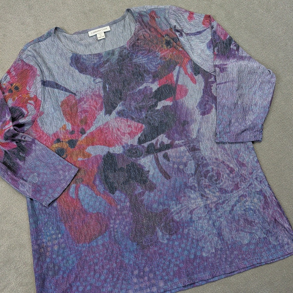 Coldwater Creek Size 2X Women Purple Floral Crinkle Texture 3/4 Sleeve Top